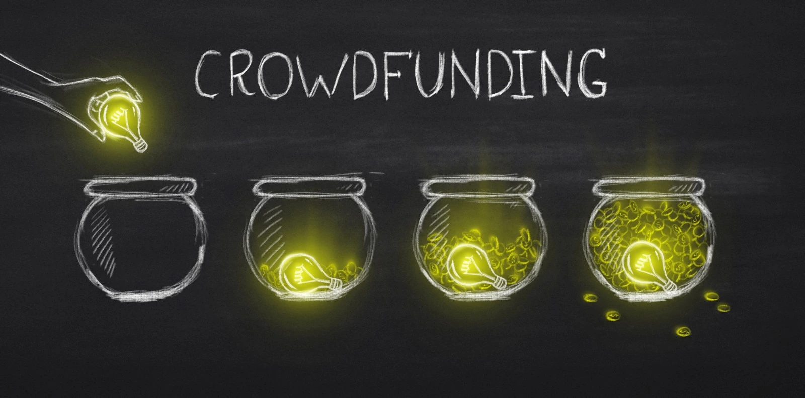 tablero de tiza mostrando la palabra "crowdfunding" y dibujos de vasijas