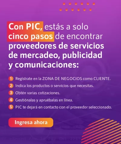 banner con leyenda con PIC, estás a solo cinco pasos de encontrar proveedores de servicios de mercadeo, publicidad y comunicaciones